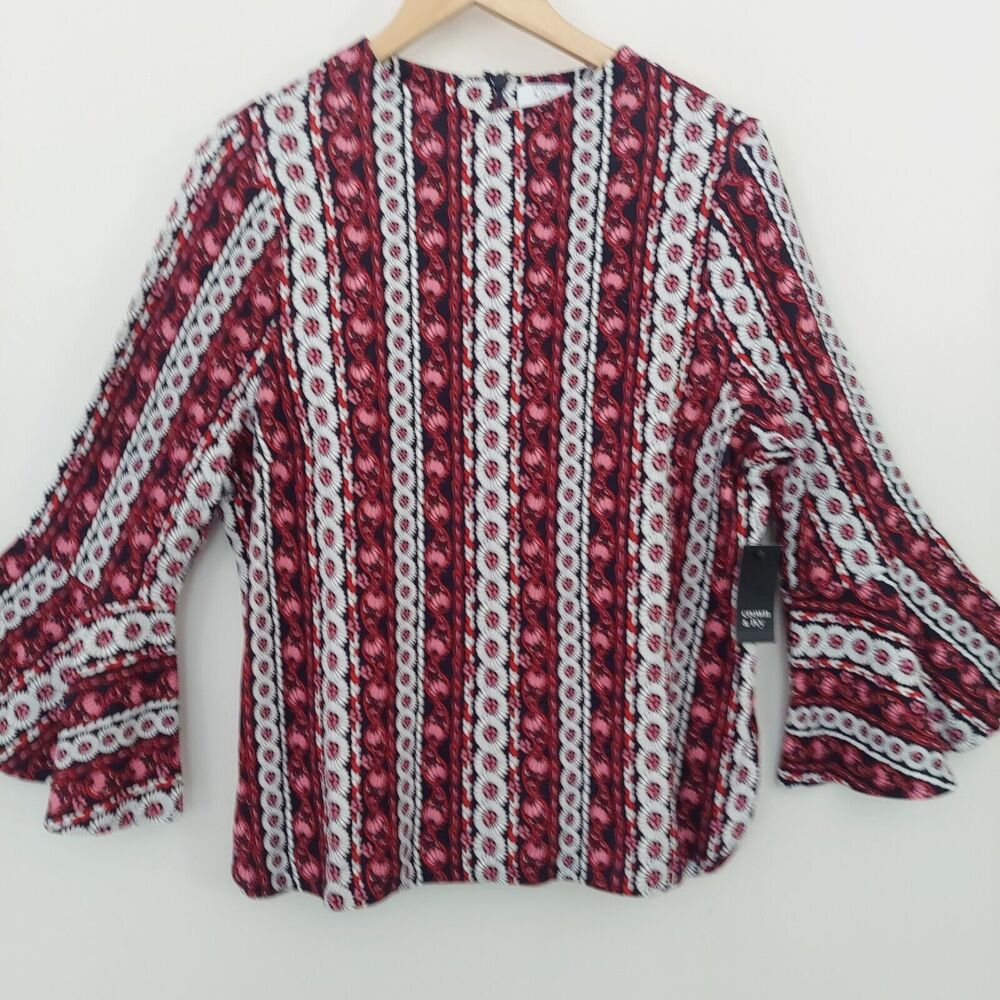 Crown & Ivy Long Bell Sleeve Top Womens Size PXL Red Blue Floral Round Neck NWT